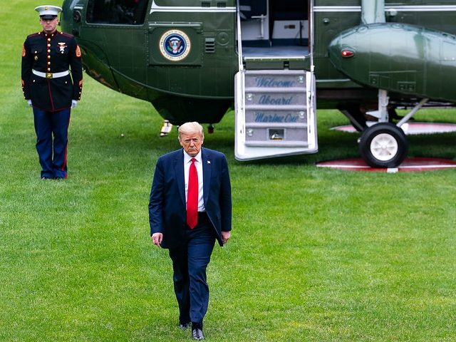 President Donald J. Trump disembarks Marine One Sunday, May 17, 2020, on the South Lawn of the White House, returning from his working weekend at Camp David near Thurmont, Md. (Official White House Photo by Tia Dufour)