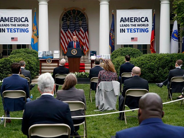 President Donald Trump speaks about the coronavirus during a press briefing in the Rose Ga