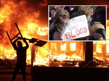 MINNEAPOLIS, MINNESOTA - MAY 29: A man holds up a sign near a burning building during prot