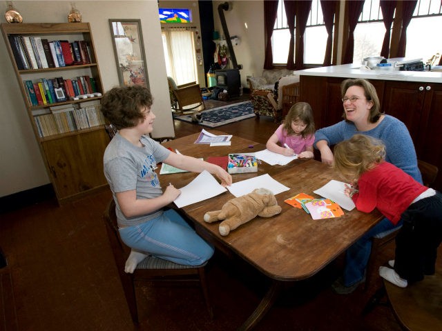 ** TO GO WITH CRISIS ENSENANZA DOMESTICA ** Andrea Farrier sits at her kitchen table with her children Rachel, 8, left, Rebecca, 4, center, and Sarah, 2, right, as they do schoolwork in their home, Friday, Feb. 20, 2009, in Kalona, Iowa. Farrier does double-duty _ homeschooling her daughters and …
