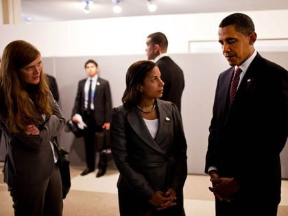 President Barack Obama confers with Samantha Power, left, Senior Director for Multilateral Affairs, and Susan E. Rice, U.S. Permanent Representative to the United Nations, before they attended a wreath laying ceremony at the memorial for United Nations staff killed in Iraq at the U.N. Headquarters in New York, N.Y., on …