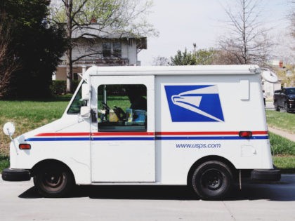 A United States Postal Service (USPS) truck parked in Tulsa, Oklahoma.