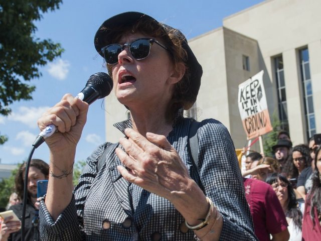 Actress Susan Sarandon speaks during a rally and protest by the Standing Rock Sioux tribe in support of a lawsuit against the Army Corps of Engineers and plans for the Dakota Access Pipeline outside the US District Court in Washington, DC, August 24, 2016. The roughly 1,200-mile-long pipeline would transfer …