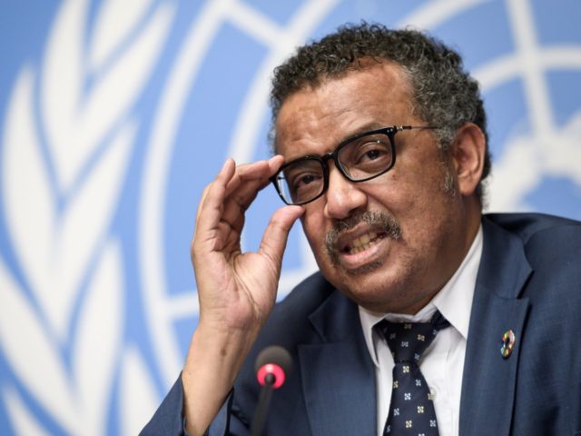 World Health Organization (WHO) Director General Tedros Adhanom Ghebreyesus gestures durin