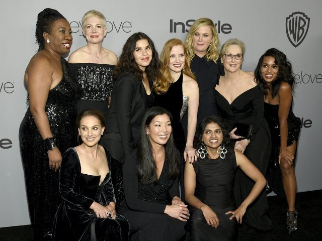 Tarana Burke, from top left, Michelle Williams, America Ferrera, Jessica Chastain, Amy Poehler, Meryl Streep, Kerry Washington, and from bottom left, Natalie Portman, Ai-jen Poo, and Saru Jayaraman arrive at the InStyle and Warner Bros. Golden Globes afterparty at the Beverly Hilton Hotel on Sunday, Jan. 7, 2018, in Beverly …