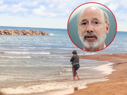Pennsylvania Gov. Tom Wolf (D) inset over a photo of Presque Isle beach at Lake Erie.