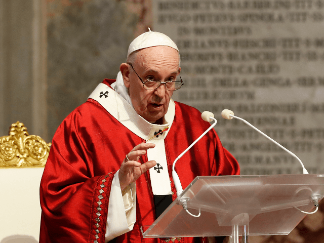 Pope Francis celebrates Mass in St. Peter's Basilica at the Vatican, Sunday, May 31, 2020. Francis celebrates a Pentecost Mass in St. Peter's Basilica on Sunday, albeit without members of the public in attendance. He will then go to his studio window to recite his blessing at noon to the …