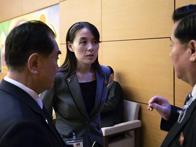 Kim Yo Jong, sister of North Korean leader Kim Jong Un, speaks with North Korean officials