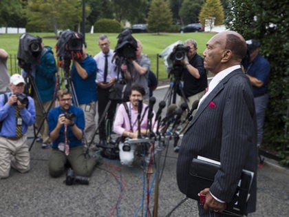 Rev. Bill Owens Sr., speaks with reporters after meeting with President Donald Trump at th