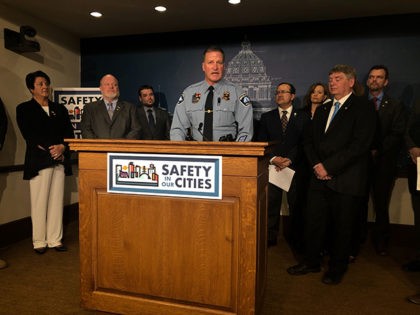 The president of Minneapolis Police Federation, Lt. Bob Kroll, speaks at a news conference on Monday, Feb. 17, 2020, at the state Capitol in St. Paul, Minn. The union leader appeared in support of a GOP-backed slate of bills that are aimed at reducing violent crime in Minneapolis and St. …
