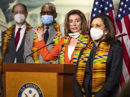 House Speaker Nancy Pelosi of Calif., with Sen. Kamala Harris, D-Calif., and other Congressional Democrats, speaks during a news conference to unveil policing reform and equal justice legislation on Capitol Hill, Monday, June 8, 2020, in Washington. (AP Photo/Manuel Balce Ceneta)