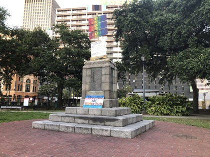 The pedestal is left after protesters removed a bust of John McDonogh, Saturday, June 13, 2020, in Duncan Plaza in New Orleans. Demonstrators pulled down the bust of McDonogh, a slave owner who left his wealth to build schools, took the remains to the Mississippi River and rolled it into …