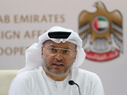 Emirati minister of state for foreign affairs, Anwar Gargash, speaks during a press conference in Dubai about the situation in Yemen on August 13, 2018. - The United Arab Emirates, Riyadh's main partner in the Saudi-led military coalition battling Huthi rebels in Yemen, says it is also determined to wipe …