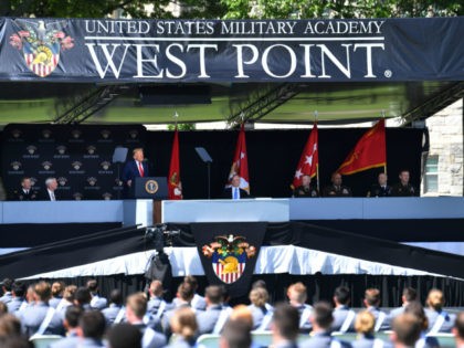 US President Donald Trump delivers the commencement address at the 2020 US Military Academy Graduation Ceremony at West Point, New York, on June 13, 2020. (Photo by Nicholas Kamm / AFP) (Photo by NICHOLAS KAMM/AFP via Getty Images)
