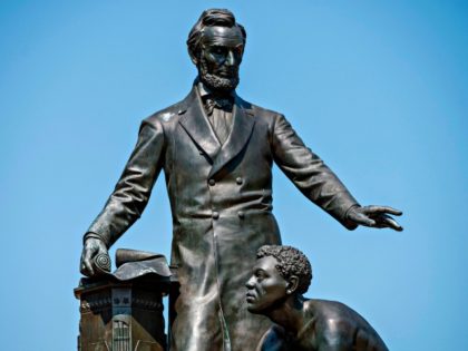 The Lincoln Park 'Emancipation' statue, a statue that is among monuments drawing scrutiny that depicts former US President Abraham Lincoln standing over a kneeling freed Africans American man, is seen in Washington, DC, on June 22, 2020. (Photo by JIM WATSON / AFP) (Photo by JIM WATSON/AFP via Getty Images)