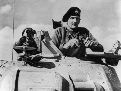 Portrait of Lieutenant General Bernard Montgomery standing looking out of a tank, circa 1940s. (Photo by Fotosearch/Getty Images).