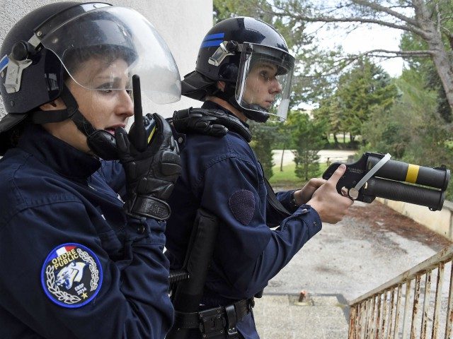 A police cadet from Nimes, holds a Flash-Ball weapon while taking part in a crowd control exercise attended by more than 500 personnel from criminal investigation and police departments and Marseille's naval firefighting units, in Nimes, southern France, on November 5, 2014. AFP PHOTO / PASCAL GUYOT (Photo credit should …