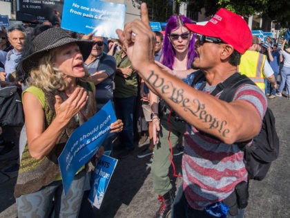 A supporter of President Trump disrupts members of the Jewish community as they hold a "Jews Say #CloseTheCamps" protest and vigil to demand an end to the Trump administration's detention of migrants, refugees and asylum seekers, outside the Metropolitan Detention Center in Los Angeles, California on August 11, 2019. (Photo …