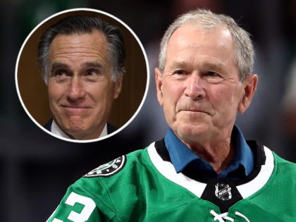 DALLAS, TEXAS - OCTOBER 03: Former President George W. Bush on the ice before a game betwe