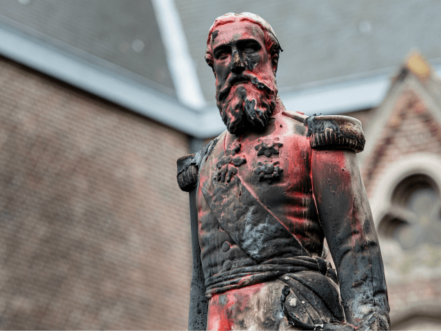 A statue of King Leopold II of Belgium is pictured on June 4, 2020 in Antwerp after being