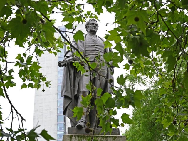 A statue of former British Prime Minister Robert Peel, is pictured in Piccadilly Gardens,