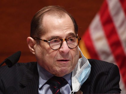 House Judiciary Committee Chairman Jerry Nadler (D-NY) has his face mask partially removed at a House Judiciary Committee markup of H.R. 7120, the "Justice in Policing Act of 2020," on Capitol Hill on June 17, 2020 in Washington,DC. (Photo by KEVIN DIETSCH / POOL / AFP) (Photo by KEVIN DIETSCH/POOL/AFP …