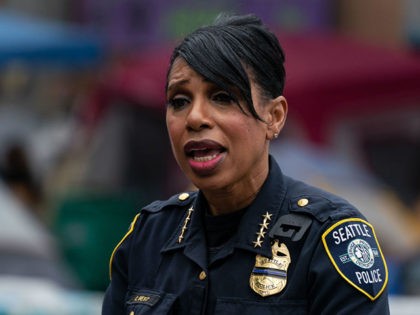 SEATTLE, WA - JUNE 29: Seattle Police Chief Carmen Best holds a press conference outside of the departments vacated East Precinct in the area known as the Capitol Hill Organized Protest (CHOP) on June 29, 2020 in Seattle, Washington. The press conference was held near the site of an early …