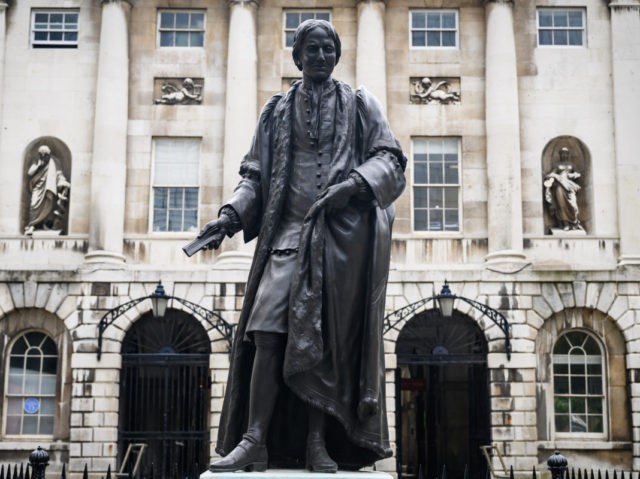 LONDON, ENGLAND - JUNE 08: A statue of Sir Thomas Guy is seen outside Guy's Hospital on June 08, 2020 in London, England. Sir Thomas Guy Became made his fortune through ownership of a very large amount of shares in the South Sea Company, whose main purpose was to sell …