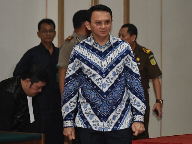 Jakarta's Christian governor Basuki Tjahaja Purnama, popularly known as Ahok, arrives at a courtroom for his verdict and sentence in his blasphemy trial in Jakarta on May 9, 2017.