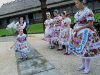 Some local school girls in traditional clothes of the Kalocsa area react as boys throw water in Kalocsa, some 100 km south of Budapest on April 17, 2014 during a rehearsal of the traditional Easter celebrations by the members of the local folk dance group. Locals from south Hungary celebrate …