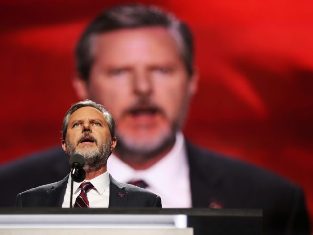 CLEVELAND, OH - JULY 21: President of Liberty University, Jerry Falwell Jr., delivers a speech during the evening session on the fourth day of the Republican National Convention on July 21, 2016 at the Quicken Loans Arena in Cleveland, Ohio. Republican presidential candidate Donald Trump received the number of votes …