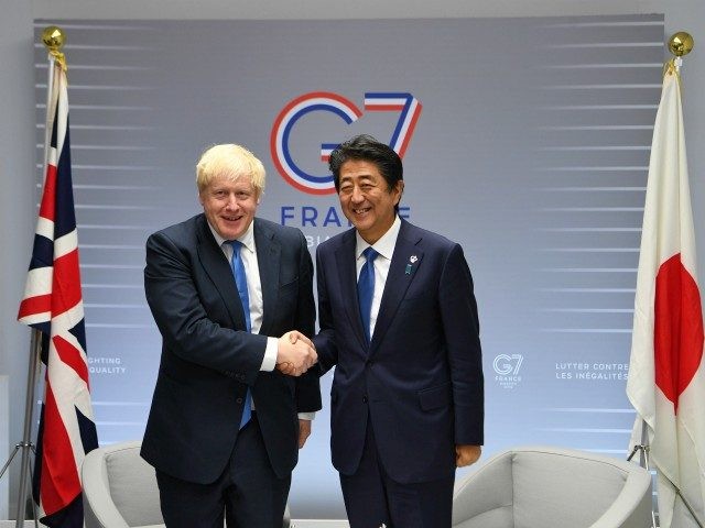 BIARRITZ, FRANCE - AUGUST 26: British Prime Minister Boris Johnson meets with Japanese Prime Minister Shinzo Abe on day three of the G7 Summit on August 26, 2019 in Biarritz, France. The French southwestern seaside resort of Biarritz is hosting the 45th G7 summit from August 24 to 26. High …