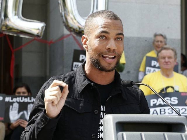 Actor Kendrick Sampson speaks in support of a proposed measure to limit the use of deadly