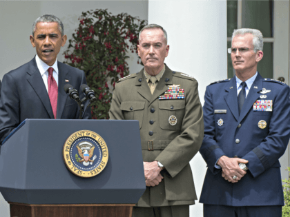 US President Barack Obama announces Marine Gen. Joseph Dunford (C) as his pick to be the next chairman of the Joint Chiefs of Staff and Air Force Gen. Paul Selva (R) as new vice chairman of the Joint Chiefs of Staff, in the Rose Garden of the White House in …