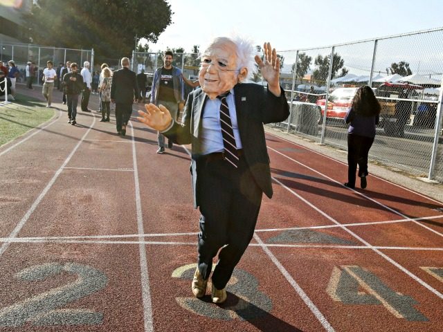 A supporter of US Democratic presidential candidate Bernie Sanders wears a mask during a r