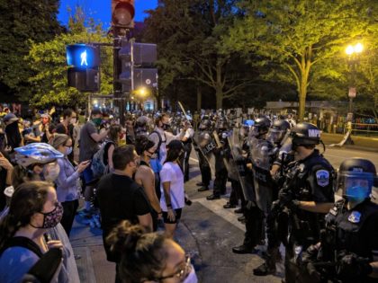 WASHINGTON, DC - JUNE 22: U.S. Park Police keep protesters away after they attempted to pull down the statue of Andrew Jackson in Lafayette Square near the White House on June 22, 2020 in Washington, DC. Protests continue around the country over the deaths of African Americans while in police …