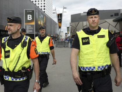 Police patrol outside the Friends arena in Solna outside Stockholm on May 23, 2017, on the eve of the UEFA Europa League football final between Ajax and Manchester United. / AFP PHOTO / SOREN ANDERSSON (Photo credit should read SOREN ANDERSSON/AFP via Getty Images)