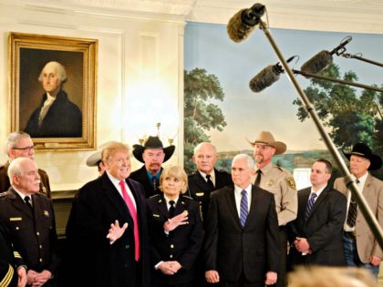 WASHINGTON, DC - FEBRUARY 11: (AFP-OUT) U.S. President Donald Trump speaks to the press after meeting with sheriffs from across the country in the Diplomatic Reception Room at the White House February 11, 2019 in Washington, D.C. Trump will be departing for a rally later tonight in El Paso, Texas. …