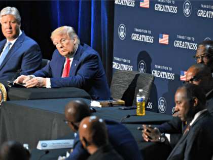 US President Donald Trump (2nd L) hosts a roundtable with faith leaders, law enforcement officials, and small business owners at Gateway Church Dallas Campus in Dallas, Texas, on June 11, 2020. (Photo by Nicholas Kamm / AFP) (Photo by NICHOLAS KAMM/AFP via Getty Images)