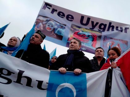 Demonstrators take part in a protest outside the Chinese embassy in Berlin on December 27, 2019, to call attention to Chinas mistreatment of members of the Uyghur community in western China. (Photo by John MACDOUGALL / AFP) (Photo by JOHN MACDOUGALL/AFP via Getty Images)