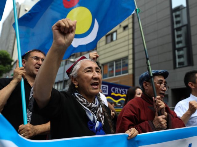 OSAKA, JAPAN - JUNE 29: Rebiya Kadeer, president of the World Uyghur Congress (WUC) (L) and people chant slogans and wave flags during a protest march on June 29, 2019 in Osaka, Japan. U.S. President Donald Trump and Chinese President Xi Jinping agreed to resume trade negotiations on Saturday during …