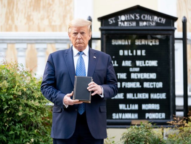 President Donald J. Trump walks from the White House Monday evening, June 1, 2020, to St. John’s Episcopal Church, known as the church of Presidents’s, that was damaged by fire during demonstrations in nearby LaFayette Square Sunday evening. (Official White House Photo by Shealah Craighead)