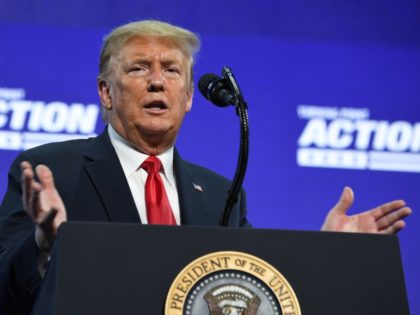 US President Donald Trump speaks during a Students for Trump event at the Dream City Churc