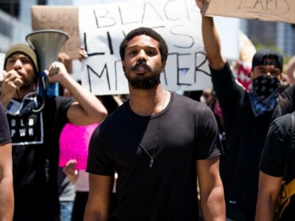 BEVERLY HILLS, CALIFORNIA - JUNE 06: Michael B. Jordan participates in the Hollywood talent agencies march to support Black Lives Matter protests on June 06, 2020 in Beverly Hills, California. (Photo by Rich Fury/Getty Images)