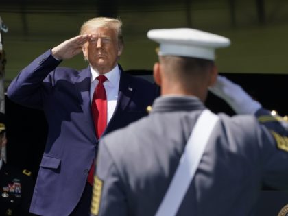 US President Donald Trump salutes as he arrives at the 2020 US Military Academy graduation ceremony in West Point, New York, June 13, 2020. - Trump is delivering the commencement address at the 2020 US Military Academy Graduation Ceremony. The Military Academy will graduate more than 1,000 cadets at the …