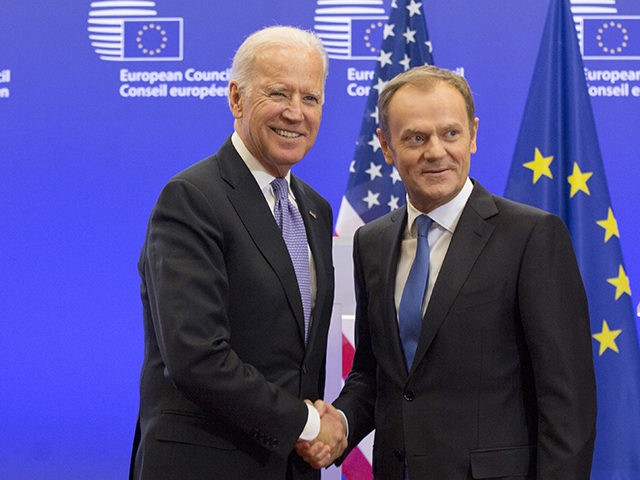 U.S. Vice President Joe Biden, left, shakes hands with European Council President Donald T