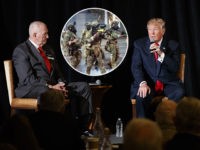 (INSET: Federal agents in Portland, Oregon) Retired Gen. William Boykin, left, and Family Research Council President Tony Perkins, right, listen as Republican presidential candidate Donald Trump speaks during a town hall with the Retired American Warriors, Monday, Oct. 3, 2016, in Herndon, Va. (AP Photo/ Evan Vucci)