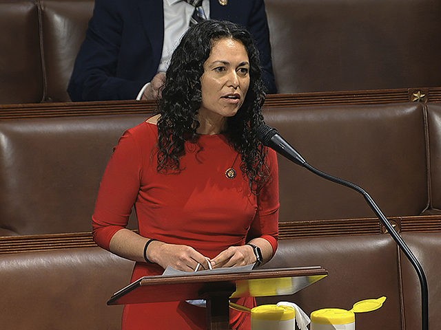 In this image from video, Rep. Xochitl Torres Small, D-N.M., speaks on the floor of the House of Representatives at the U.S. Capitol in Washington, Thursday, April 23, 2020. (House Television via AP)