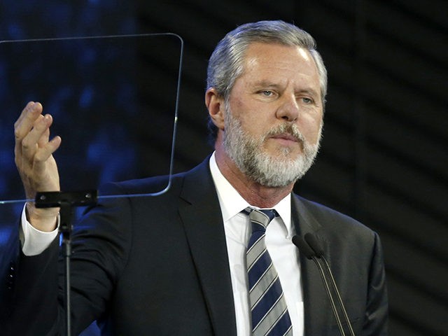 FILE - In this Nov. 28, 2018, file photo, Liberty University President Jerry Falwell Jr. speaks before a convocation at Liberty University in Lynchburg, Va. Nearly three dozen black alumni of Liberty University are denouncing school President Jerry Falwell Jr. on Monday, June 1, 2020, suggesting he step down after …