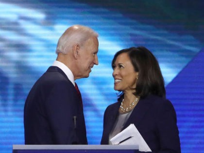 HOUSTON, TEXAS - SEPTEMBER 12: Democratic presidential candidates former Vice President Joe Biden and Sen. Kamala Harris (D-CA) speak after the Democratic Presidential Debate at Texas Southern University's Health and PE Center on September 12, 2019 in Houston, Texas. Ten Democratic presidential hopefuls were chosen from the larger field of …